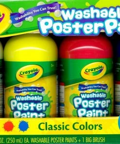 CRAYOLA WASHABLE POSTER PAINT-A-PACK (WHITE/YELLOW/RED/BLUE) CLASSIC COLORS + BRUSH