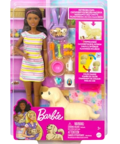 BARBIE AND NEWBORN PUPS PLAYSET WITH BRUNETTE DOLL